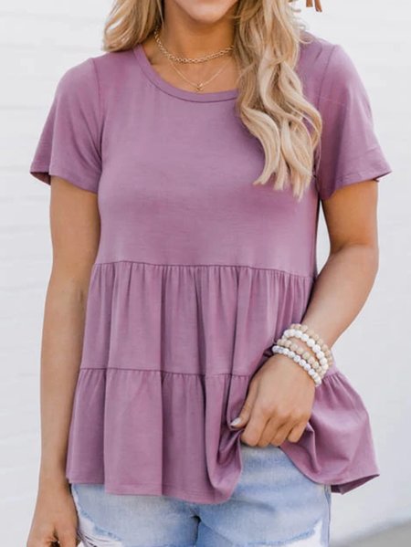 

Casual Plain Short Sleeve Tops, Purple, T-Shirts
