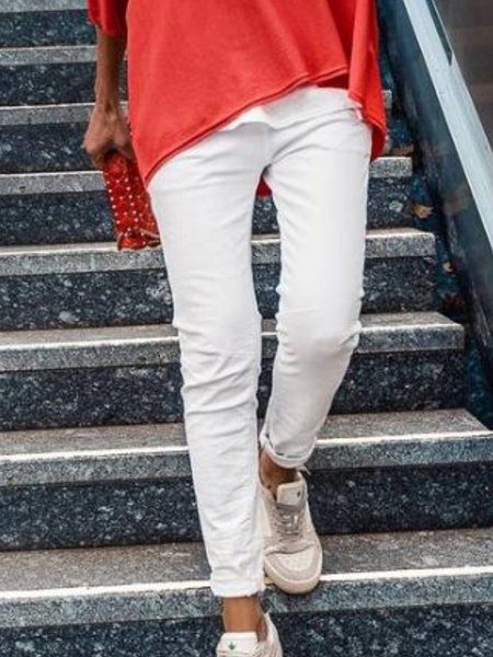 

Regular Fit Casual Plain Pants, White, Pants