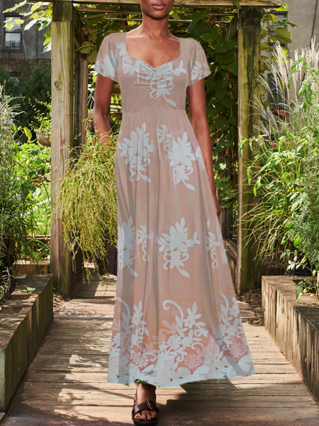 

Square Neck Vacation Short Sleeve Woven Dress, Apricot, Maxi Dresses