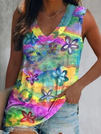 

Floral Cotton Blends V Neck Vests, Multicolor, Tanks & Camis
