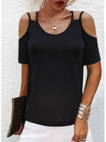 

Vacation Plain Short Sleeve Tops, Black, T-Shirts