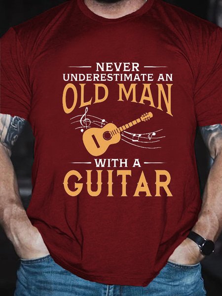 

An Old Man With A Guitar Cotton Short Sleeve Crew Neck Short Sleeve T-Shirt, Red, T-shirts