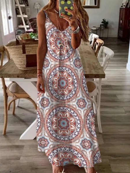 

Tribal Mandela Sleeveless V Neck Plus Size Casual Dresses, Multicolor, Maxi Dresses