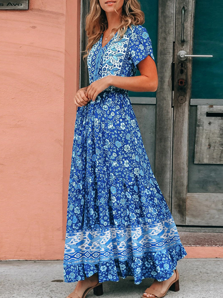 

Tribal Regular Fit V Neck Short Sleeve women Dress, Blue, Dresses