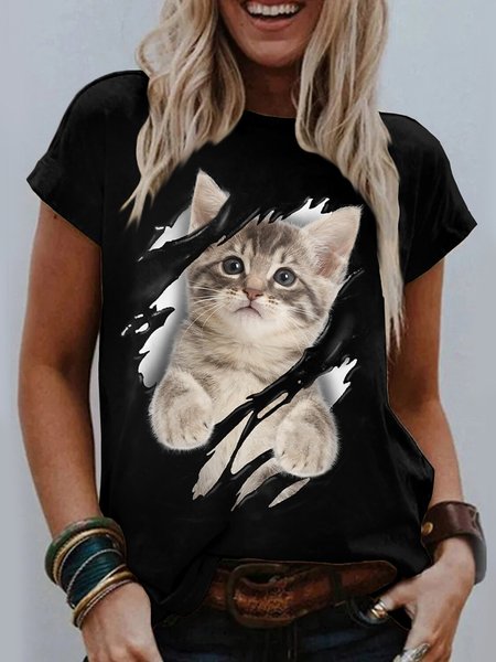 

Casual Animal Crew Neck Short Sleeve T-Shirt, Black, T-Shirts
