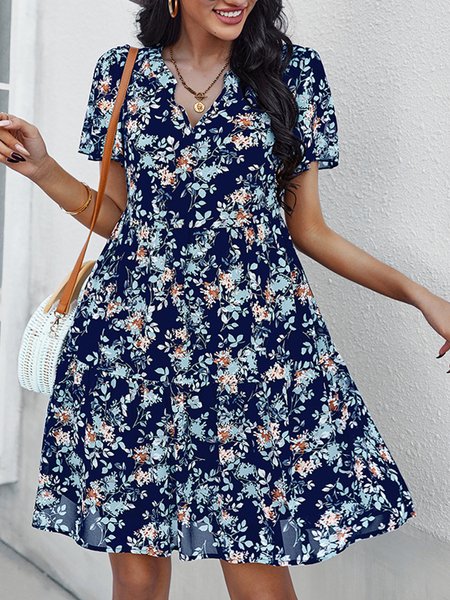 Regular Fit Floral Vacation Short Sleeve Woven Dress, Navyblue, Floral Dresses