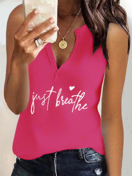 

Letter V Neck Casual Knit Tank, Rose red, Tank Top