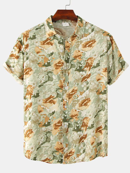 

Cotton and Linen Style American Casual Plant Flower Versatile Linen Shirt, Yellow, Men's Floral shirt
