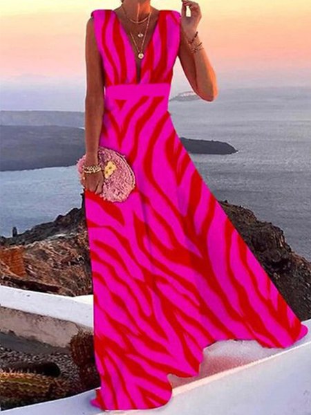 Boho V Neck Regular Fit Short Sleeve Knit Dress, Rose red, Maxi Dresses