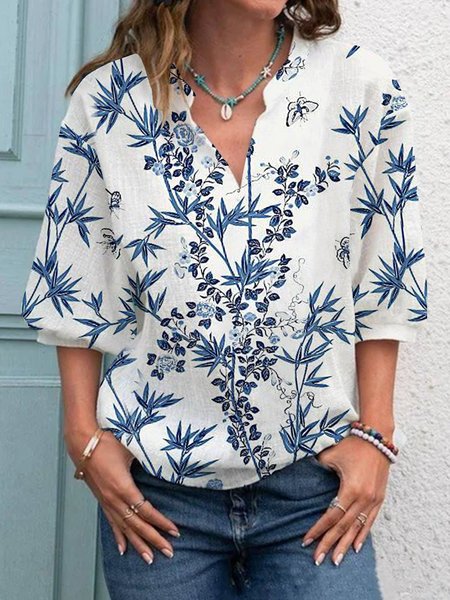 

V Neck Loosen Leaves Casual Half Sleeve Tops, Blue, T-Shirts
