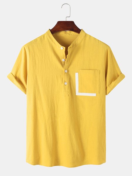 

Men's Plain Cotton Linen Short Sleeve Shirt, Yellow, Men's basic shirt