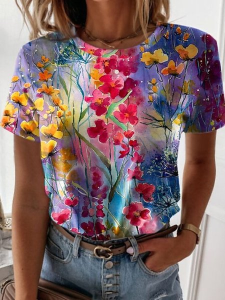 

Casual Floral Short Sleeve Round Neck Plus Size Printed Tops T-shirts, Multicolor, T-Shirts