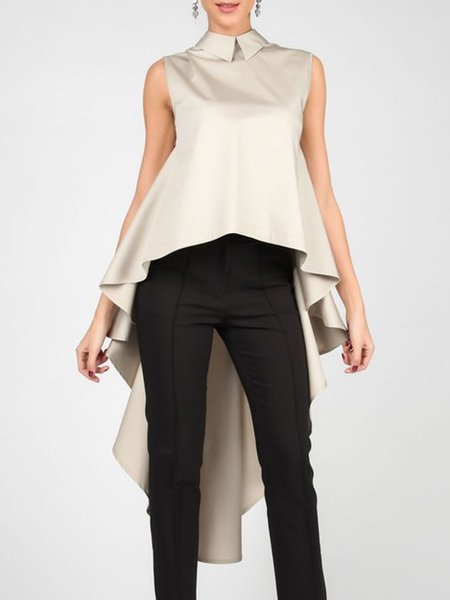 

Simple Lapel Solid Regular Fit Sleeveless Top, Light khaki, Tops