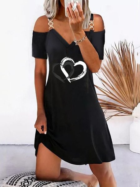 

Casual Heart Off The Shoulder Short Sleeve A-line Dress, Black, Mini Dresses