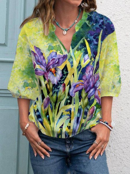 

Iris Orchids Floral Loosen V Neck Long Sleeve Tops, Multicolor, Long sleeve tops