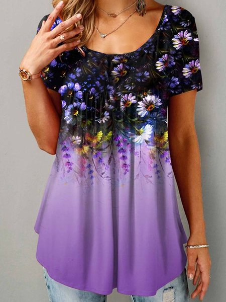 Romantic Floral Ombre Casual Loosen Scoop Neckline Tunic Short Sleeve T-Shirt, Flower, T-Shirts
