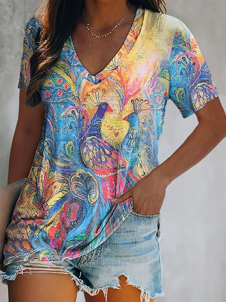 

Plus size V Neck Short Sleeve Printed T-Shirt, Blue, T-Shirts