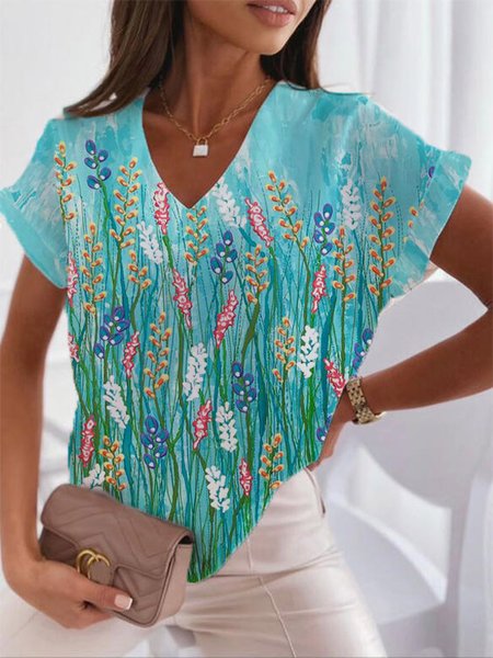 

Artist Floral Shirt Sleeve Vacation Loosen Short Sleeve Tops, Blue, T-Shirts