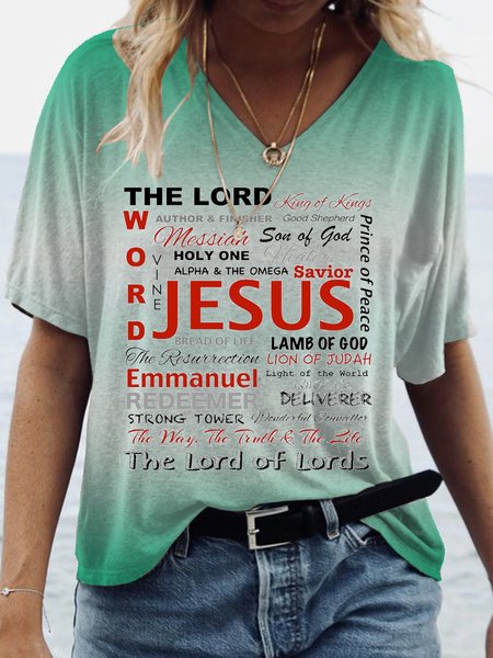 

Casual Shirt Sleeve Cotton Blends V Neck Short Sleeve Letter Ombre T-Shirt, Multicolor, T-Shirts