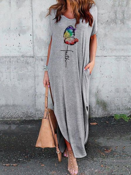 

Cotton Blends Letter Casual Short Sleeve Knit Dress, Gray, Maxi Dresses