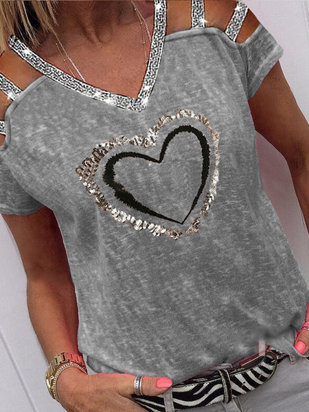 

Patch diamond V-neck urban casual short gray short-sleeved T-shirt, As picture, T-Shirts