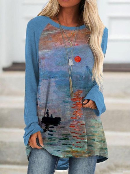 

Crew Neck Abstract Long Sleeve T-Shirt, Blue, Long sleeve tops
