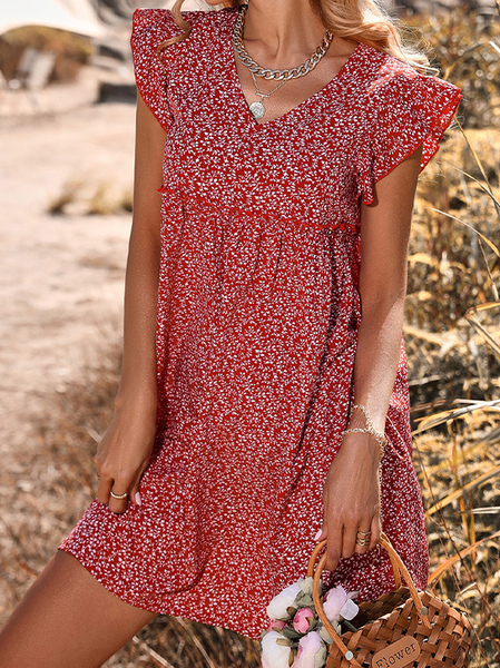 

floral Vacation V Neck Regular Fit Short Sleeve women Dress, Red, Dresses