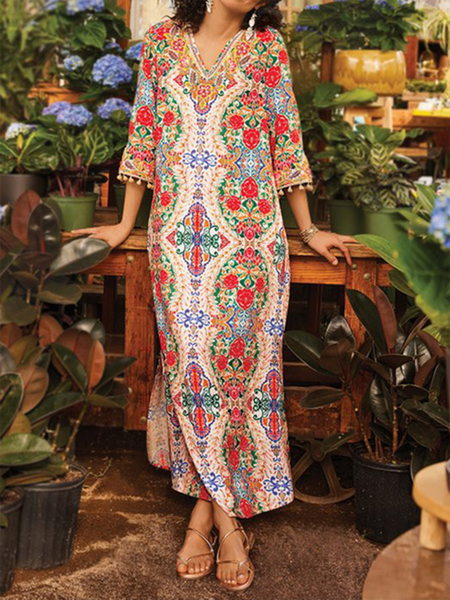 

Boho Tribal Short Sleeve Woven Dress, Off white, Maxi Dresses