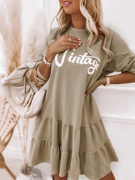 

Resort Casual Crew Neck Khaki A Swing Dress, Casual Dresses