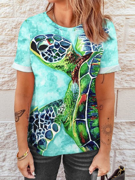 

Animal Casual V Neck Short Sleeve T-Shirt, Green, T-Shirts