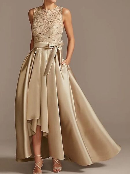 

Regular Fit Crew Neck Short Sleeve Woven Dress, Khaki, Midi Dresses