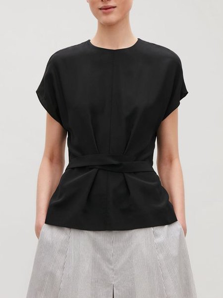 

Loosen Crew Neck Plain Short Sleeve Daily Top, Black, Tops