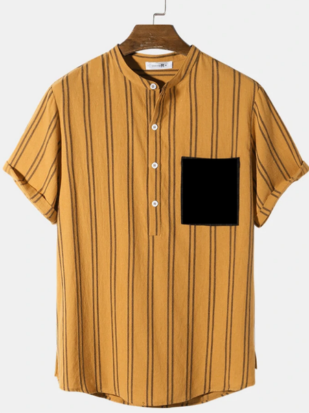 

Men's Holiday Cotton Linen Henley Collar Striped Shirt, Yellow, Blouses&Shirts