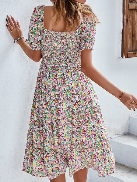 Vacation Floral Crew Neck Short Sleeve women Dress, Apricot, Dresses