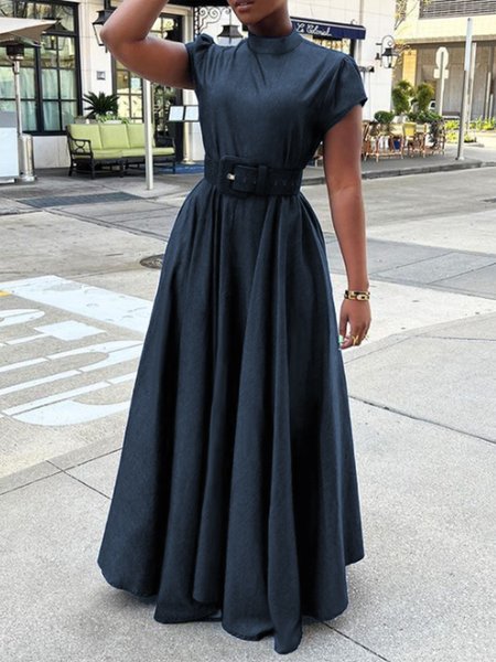 

Elegant Stand Collar Short Sleeve Dress, Navyblue, Maxi Dresses