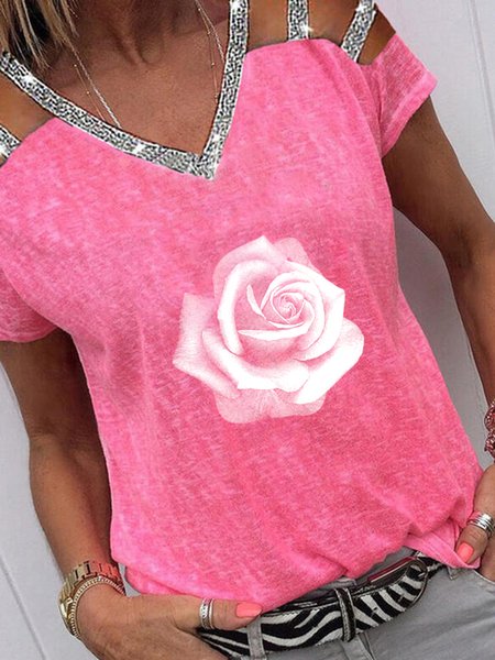 

Floral Sequins V Neck Casual Loosen Short Sleeve T-Shirt, Rose red, T-Shirts