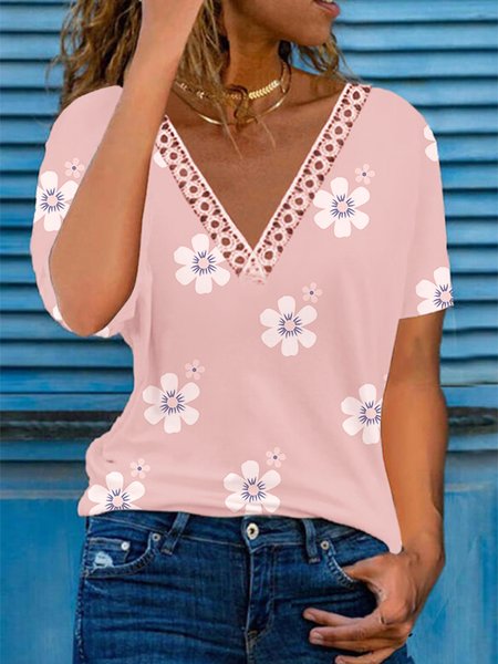 

Casual Floral V Neck Short Sleeve T-Shirt, Pink, T-Shirts