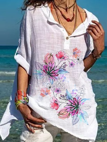 

Casual V Neck Loosen Floral Long Sleeve Tops, White, Long sleeve tops