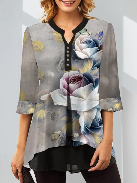

Floral 3/4 Sleeves Buttoned Plus Size Casual Fake-Two Blouse Tops, Gray, Tops