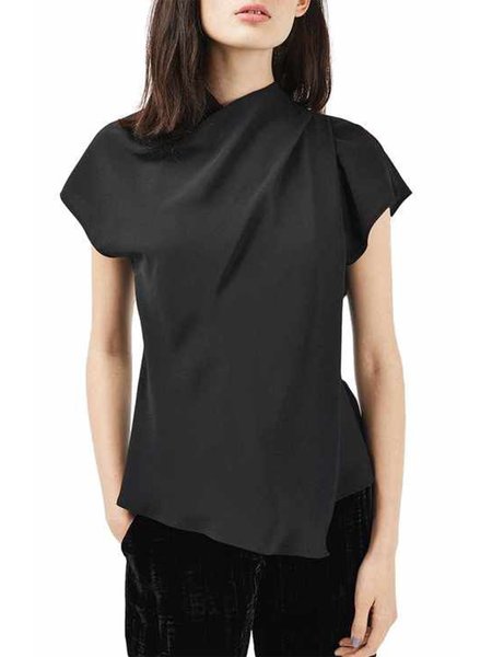 

Simple Regular Fit Solid Cap Sleeve Top, Black, Tops