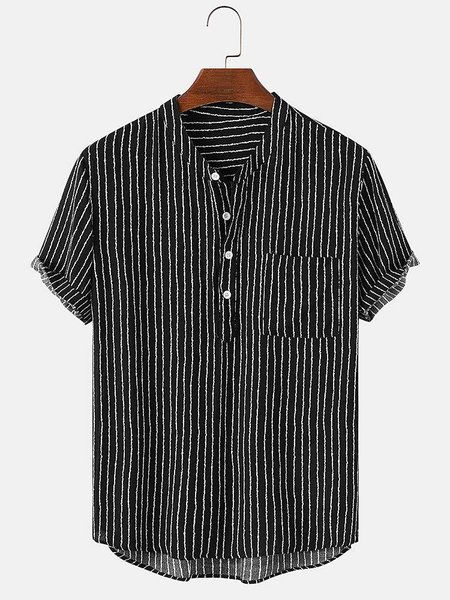 

Men's Resort Henley Collar Striped Short Sleeve Shirt, Black, Blouses&Shirts