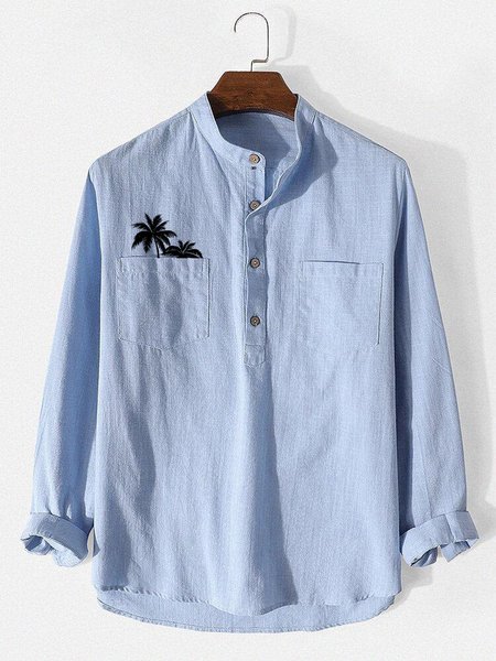 

Men's Holiday Cotton Linen Long Sleeve Shirt, Sky blue, Blouses&Shirts