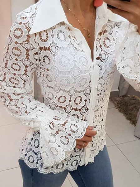 

Regular Fit Floral Shirt Collar Long Sleeve Blouse, White, Blouses and Shirts