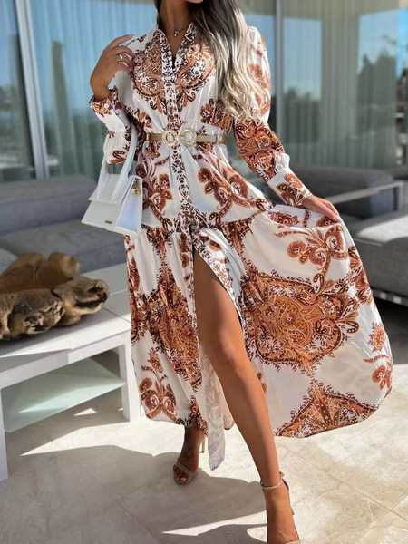 

vacation Loosen V Neck Short Sleeve women Dress, White-brown, Dresses