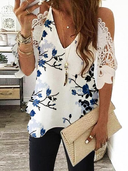 

Floral Lace V Neck Casual Half Sleeve Tops, White, Tops