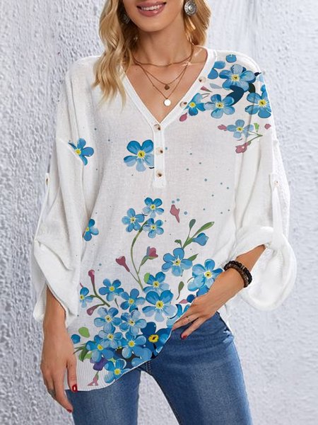 

Floral Cotton Blends Casual Long Sleeve Tops, White, Blouses & Shirts