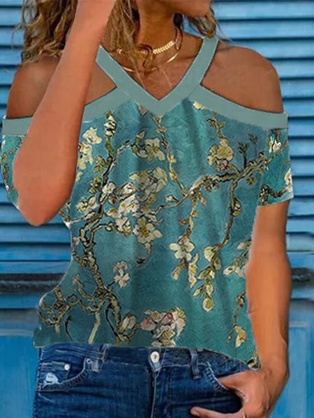 

Floral Casual Loosen V Neck Short Sleeve T-Shirt, Flower, T-Shirts