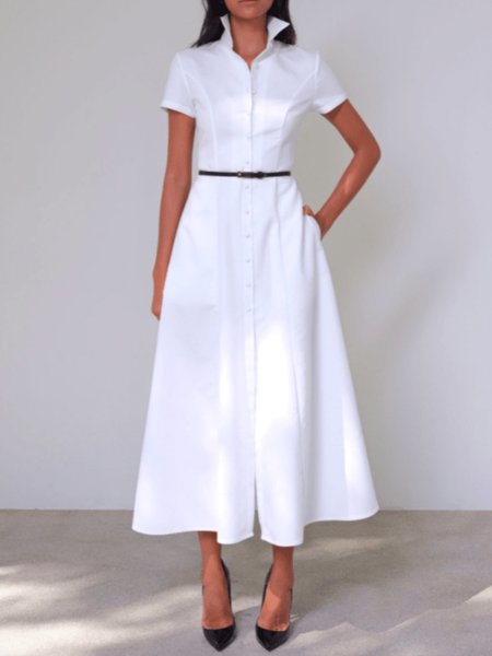 

Summer Cotton Shirt Collar Short Sleeve Woven Lightweight Fit and FlareX Dress, White, Maxi Dresses