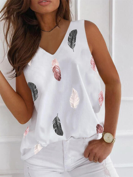 

Casual V neck Feather Knit Tank, White, Tank Top
