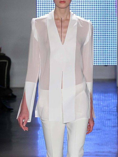 Loosen V Neck Elegant Long Sleeve Top, White, Tops